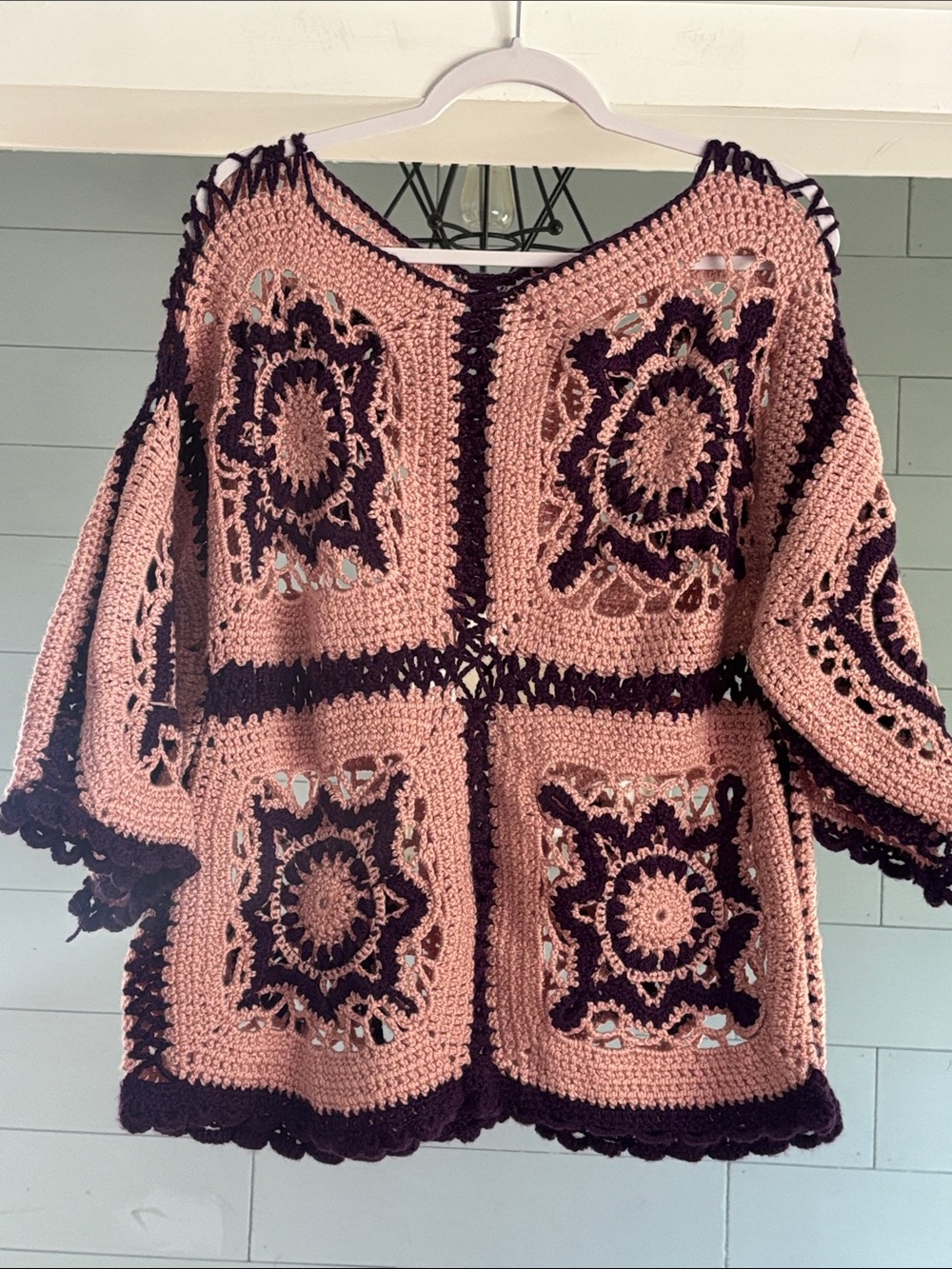 Handmade Crochet Patchwork Sweater - Pink and‎ Dark Plum
